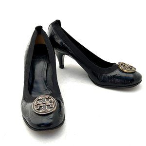 Tory Burch Caroline Black Patent Leather Logo Heels 9M